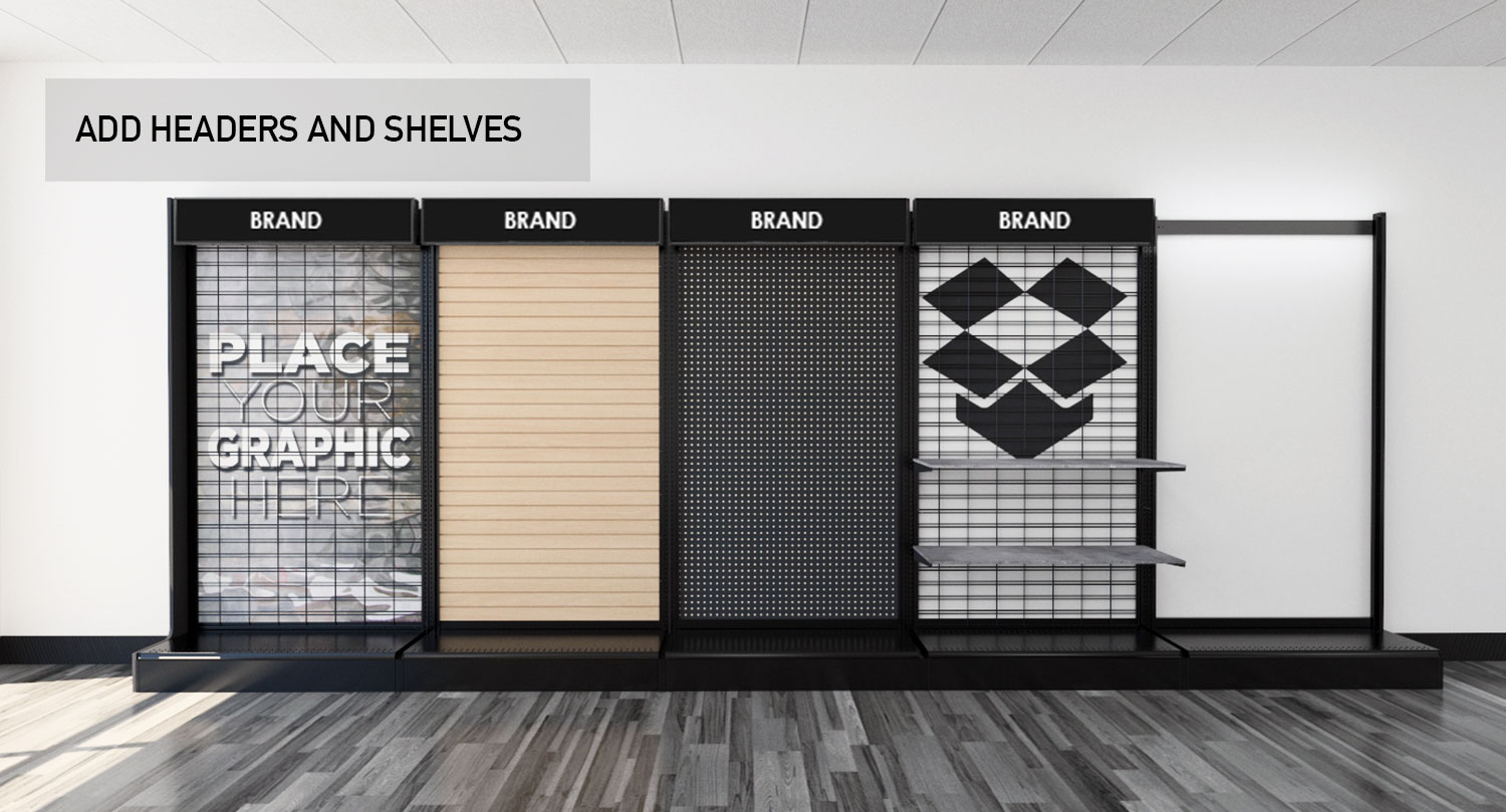 Retail Store Gondola Wall Modular Product Displays Headers and Shelves