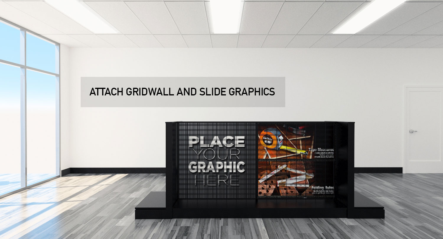Retail Store Gondola Floor and Wall Modular Product Displays Gridwall and Slide Graphics